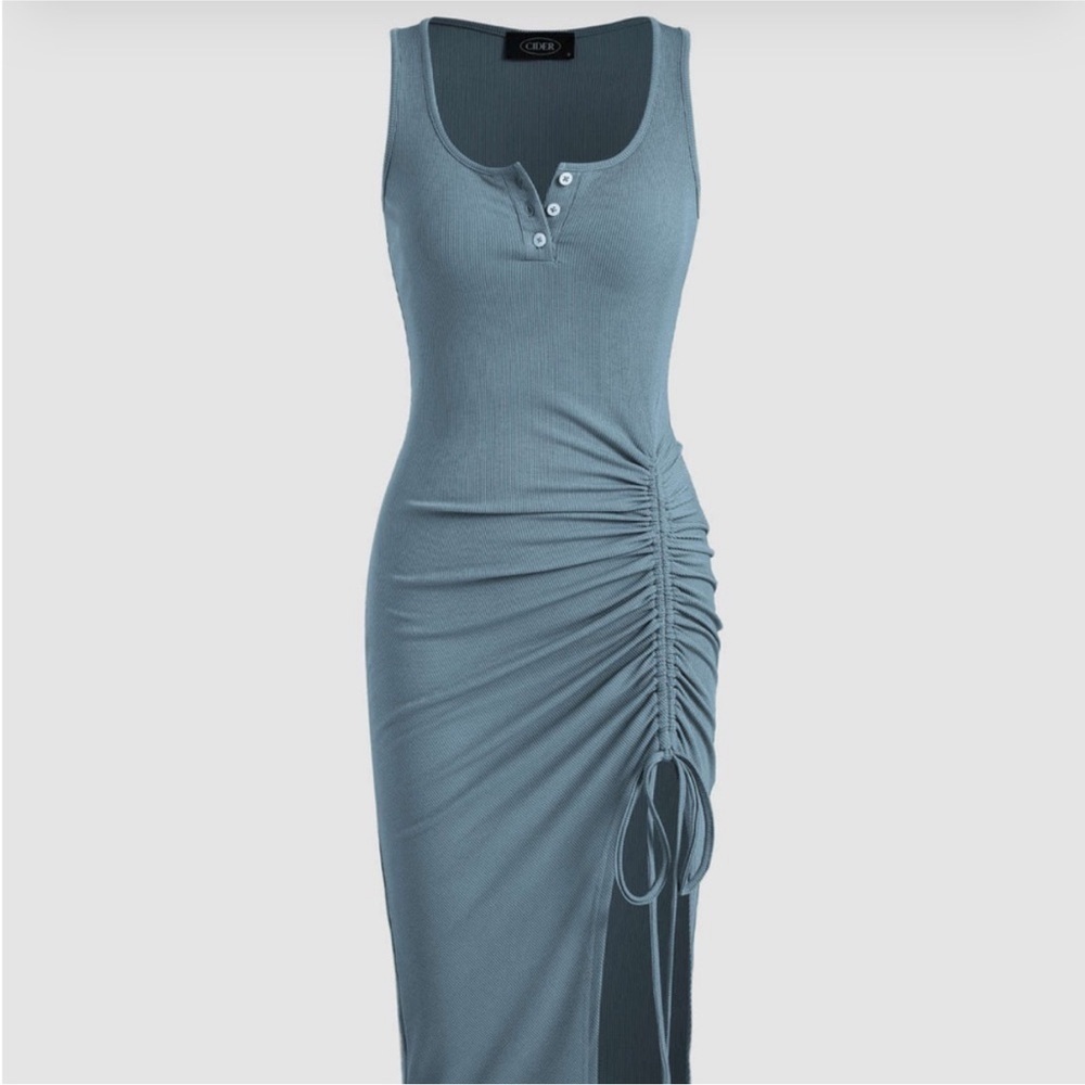 Cider Blue Curve Hugging Henley Ribbed Side Scrunch MIDI Dress Size 3X